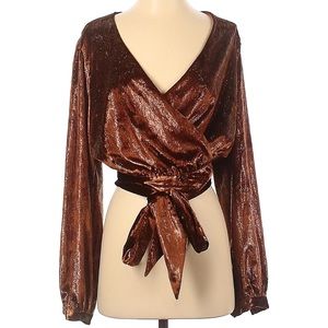Shiny Velvet Brown Long Sleeve Top with Front Tie